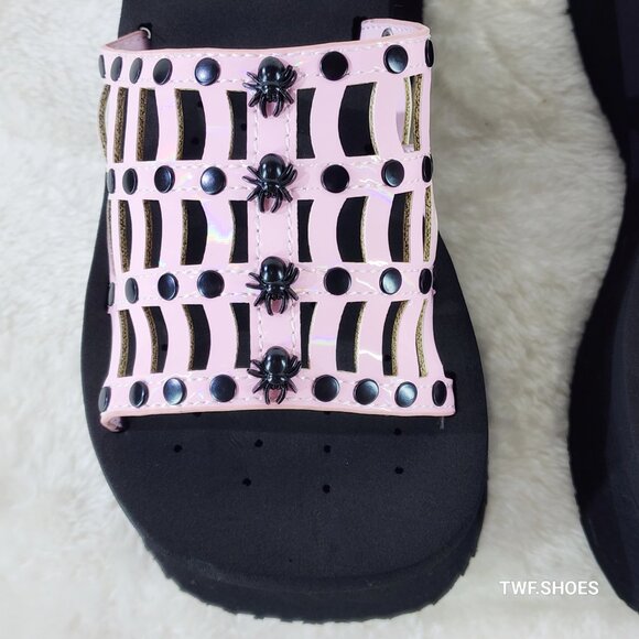 Funn 13 Platform Goth Sandals Pink Hologram Patent Cut Out Web Spider Studs - Picture 4 of 9